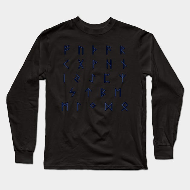 Futhark Rune Alphabet Stickers in Lightning Blue against the Night Dark Long Sleeve T-Shirt by SolarCross